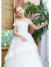 Off Shoulder Ivory Lace Tulle Corset Back Flower Girl Dress Off Shoulder Ivory Lace Tulle Corset Back Flower Girl Dress